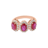 Natural Pink Sapphire Three Stone and Diamond 14k White Gold Ring For Women