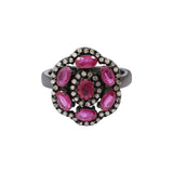 Black Rhodium Plated Natural Ruby Gemstone and Diamond 925 Sterling Silver Floral Ring