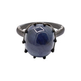 Blue Star Sapphire Gemstone and Diamond 925 Sterling Silver Black Rhodium Plated Ring