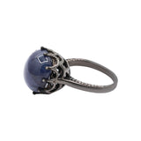 Blue Star Sapphire Gemstone and Diamond 925 Sterling Silver Black Rhodium Plated Ring