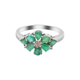 Floral Shaped Natural Emerald Gemstone and Diamond 925 Sterling Silver Ring