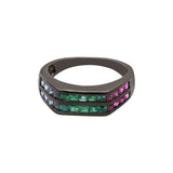 Natural Emerald, Sapphire and Ruby Gemstone 925 Sterling Silver Black Rhodium Plated Ring