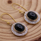Natural Black Star Gemstone With Diamond 14k Yellow Gold Drop Earring