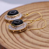 Natural Black Star Gemstone With Diamond 14k Yellow Gold Drop Earring