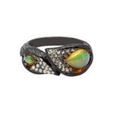 Natural Opal Gemstone and Diamond 925 Sterling Silver Black Rhodium Plated Bypass Ring