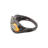 Natural Opal Gemstone and Diamond 925 Sterling Silver Black Rhodium Plated Bypass Ring