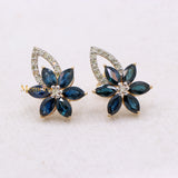 Natural Blue Sapphire Gemstone & Diamond 14k Yellow Gold Floral Earring