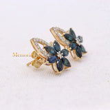 Natural Blue Sapphire Gemstone & Diamond 14k Yellow Gold Floral Earring