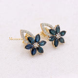 Natural Blue Sapphire Gemstone & Diamond 14k Yellow Gold Floral Earring