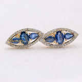 Natural Blue Sapphire Gemstone & Diamond 14k Yellow Gold Stud Earring