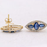 Natural Blue Sapphire Gemstone & Diamond 14k Yellow Gold Stud Earring