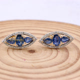 Natural Blue Sapphire Gemstone & Diamond 14k Yellow Gold Stud Earring