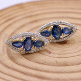 Natural Blue Sapphire Gemstone & Diamond 14k Yellow Gold Stud Earring