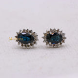 Natural Blue Sapphire Gemstone & Diamond 14k White Gold Stud Earring