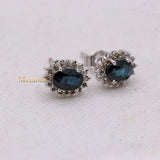 Natural Blue Sapphire Gemstone & Diamond 14k White Gold Stud Earring
