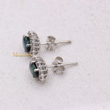 Natural Blue Sapphire Gemstone & Diamond 14k White Gold Stud Earring