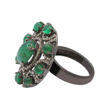 Natural Emerald Gemstone and Diamond 925 Sterling Silver Black Rhodium Ring