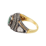Vintage Natural Emerald Gemstone and Polki Diamond 925 Sterling Silver Gold Plated Ring