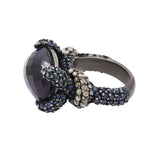 Black Rhodium Plated Natural Amethyst, Sapphire Gemstone and Diamond 925 Silver Ring