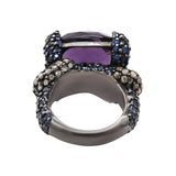 Black Rhodium Plated Natural Amethyst, Sapphire Gemstone and Diamond 925 Silver Ring