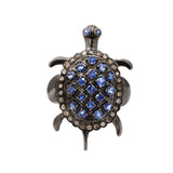 Turtle Blue Sapphire and Real Diamond 925 Silver Black Rhodium Ring