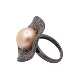 Gorgeous Natural Pearl and Diamond 925 Sterling Silver Black Rhodium Plated Ring