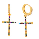 18K Gold Plated Cross Shape Rainbow Color CZ Earrings