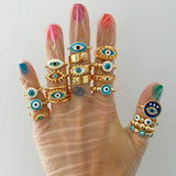 14K Gold Plated Blue, Black And White Pear Shape Enamel Evil Eye Beaded Ring