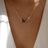 18K Gold Plated CZ & Black Stone Beaded Link Chain Butterfly Pendant Choker Necklace