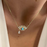 14k Gold Plated Turquoise Inlay Crystal Evil Eye Necklace For Girls And Womens