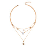 Three Layer Stacking Necklace Gold Plated Rhinestone Heart Lock Charm Necklace