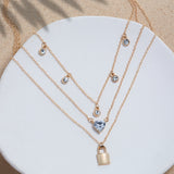 Three Layer Stacking Necklace Gold Plated Rhinestone Heart Lock Charm Necklace