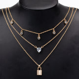 Three Layer Stacking Necklace Gold Plated Rhinestone Heart Lock Charm Necklace