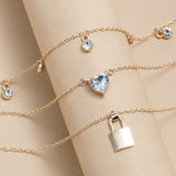 Three Layer Stacking Necklace Gold Plated Rhinestone Heart Lock Charm Necklace
