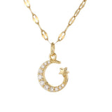 18K Gold Moon Sun CZ Stone Pendant Necklace
