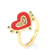 18k Gold Plated Heart Shape Red Enamel Multi Stone Ring