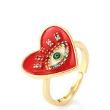 18K Gold Plated Evil Eye Multi Stone Red Heart Shaped Enamel Ring