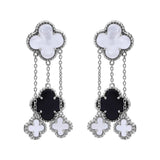 925 Sterling Silver Natural Pearl And Black Onyx Gemstone Clover Earring