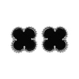 Natural Black Onyx Gemstone 925 Silver Clover Shaped Stud Earring
