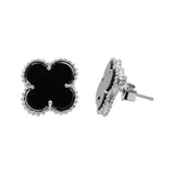 Natural Black Onyx Gemstone 925 Silver Clover Shaped Stud Earring