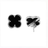 Natural Black Onyx Gemstone 925 Silver Clover Shaped Stud Earring