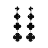 Clover Shaped Natural Black Onyx Gemstone 925 Sterling Silver Dangle Earring