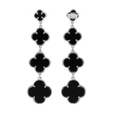 Clover Shaped Natural Black Onyx Gemstone 925 Sterling Silver Dangle Earring