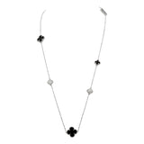Clover Style Mother of Pearl And Onyx Gemstone 925 Silver Necklace
