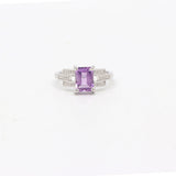 Natural Rectangle Shaped Amethyst & Cubic Zircon 925 Sterlling Silver Ring