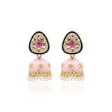 Trendy Pink Enamel Red Stone Jumka Earring