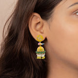 Yellow Enamel Painted Yellow And Green Stone Pearl Earring