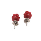 925 Sterling Silver Flower Shaped Tiny Red Coral Gemstone Stud Earring