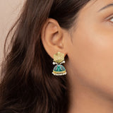 Beautiful Pearl Stone And Green Enamel Jumka Earring For Gift