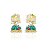 Beautiful Pearl Stone And Green Enamel Jumka Earring For Gift